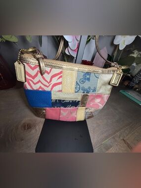 vintage Coach leather and fabric patchwork mini crossbody bag.